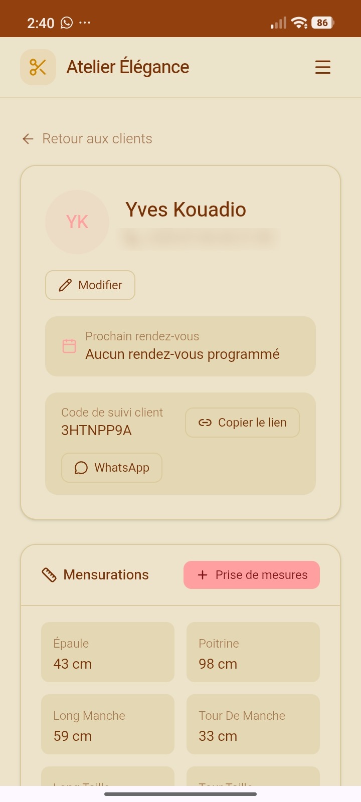 Fiche d'un client avec ses mesures